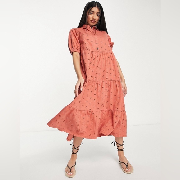 ASOS Dresses & Skirts - ASOS DESIGN Broderie midi tiered shirt dress short sleeves Ginger size 10